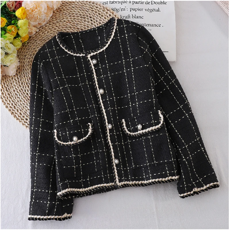 

Women 2020 Fashion Plaid Tweed Jacket Coat Vintage O Neck Single Breasted Long Sleeve Female Outerwear Chic Top