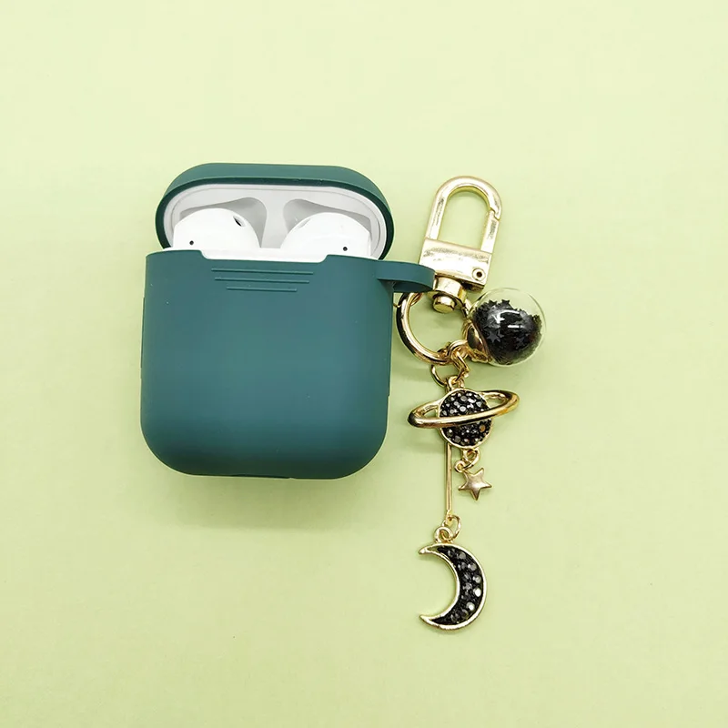Dark Green Корейский Роскошный силиконовый чехол с алмазной луной для Apple Airpods, чехол, аксессуары, Bluetooth наушники, защитная крышка, жемчужное кольцо для ключей - Цвет: Dark Green