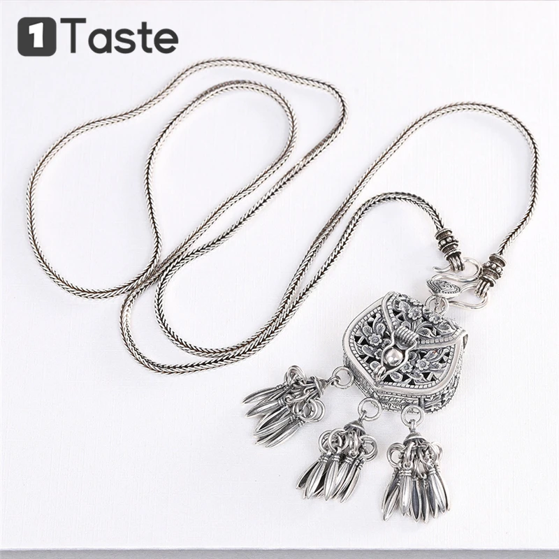 

ONE TASTE S925 Silver Thai Bag Flowers Feather Tassels Pendant Necklace For Women Vintage Sweater Necklaces Fine Jewelry Gift