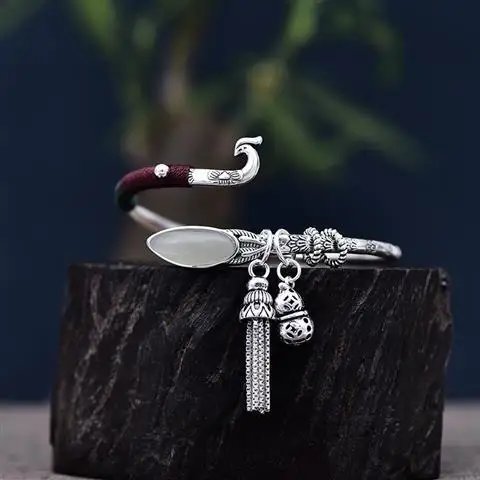 

Silver Bracelet Women's Sterling Silver Fashion Trendy Special-Interest Design Young Hand Jewelry Inlaid Hetian Jade Peacock