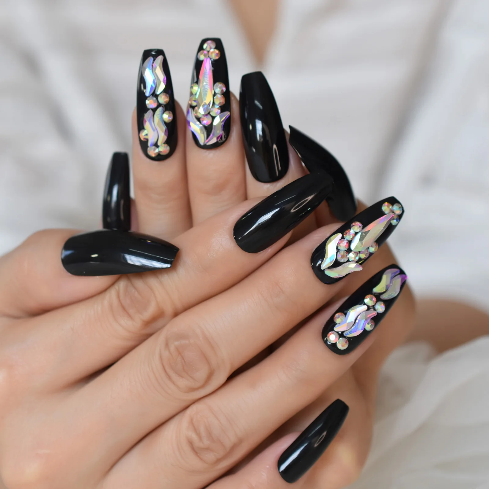 On Coffin Fake Nail Tip Black Ballerinas Ballet Full Cover French Extra Long False Nail