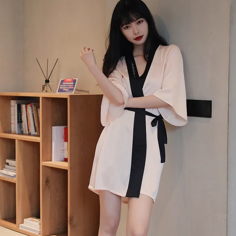 

Summer New Pajamas Women's Short Sleeve Thin Letter Cardigan Bathrobe Large Size Loose Sexy Satin Emulation Silk Nightgown