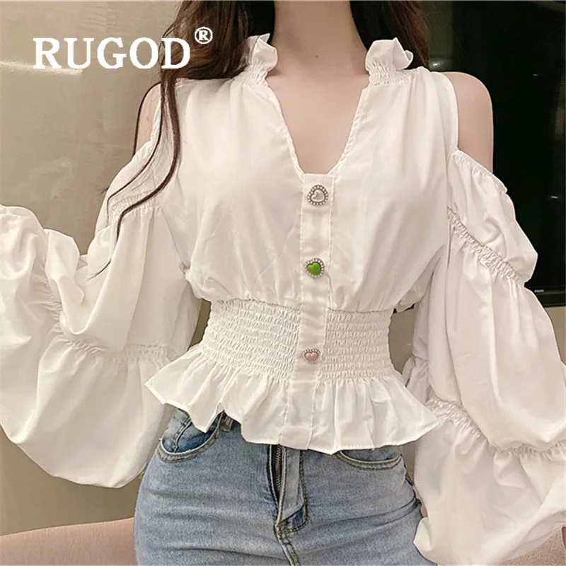 RUGOD Модная белая женская блузка с пышными рукавами элегантная v образным вырезом