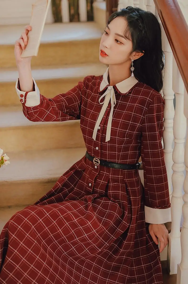 

COIGARSAM Vintage Plaid Women dress Dresses Red Navy 8065