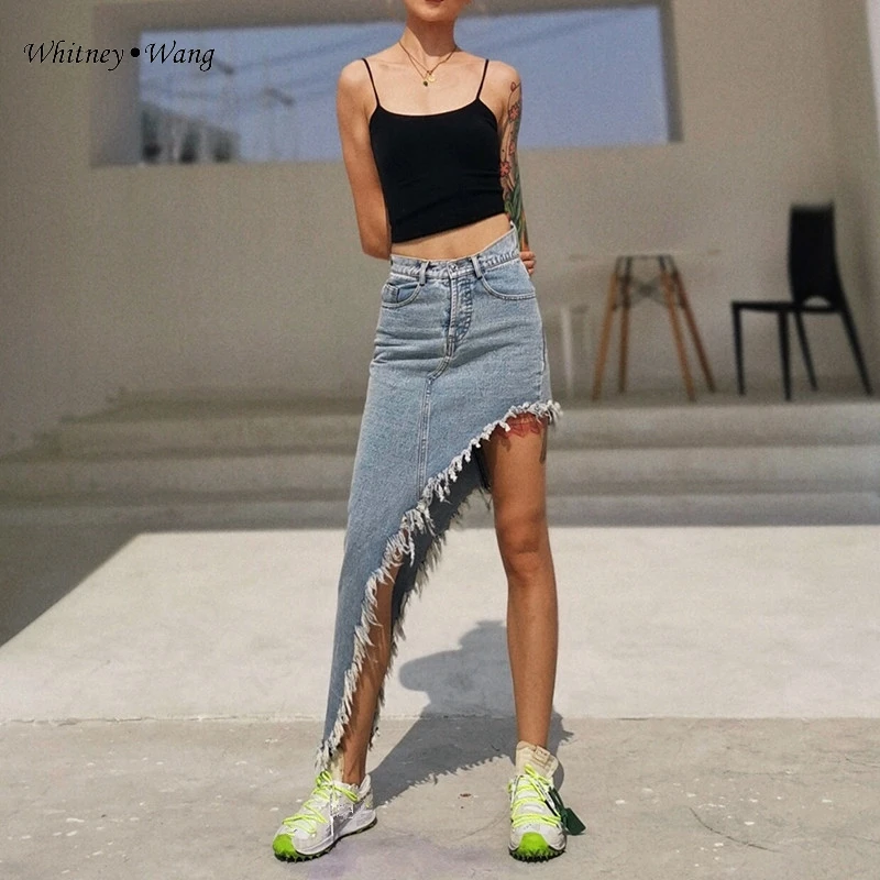Женская джинсовая юбка WHITNEY WANG модная уличная одежда Сексуальная Асимметричная