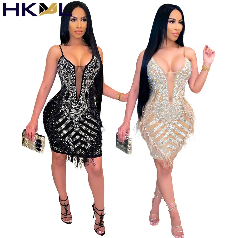 

Women Dress V-Neck Thin Shoulder Strap Cutout Beautiful Crystal Glam Sequin Feather Patchwork Short Party