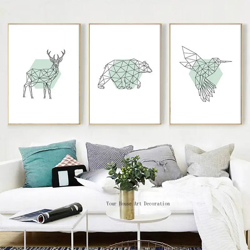 Nordic Canvas Painting Animal Bear Deer Wall Art Poster Minimalist Printed Green Geometry Abstract Picture Home Decor | Дом и сад