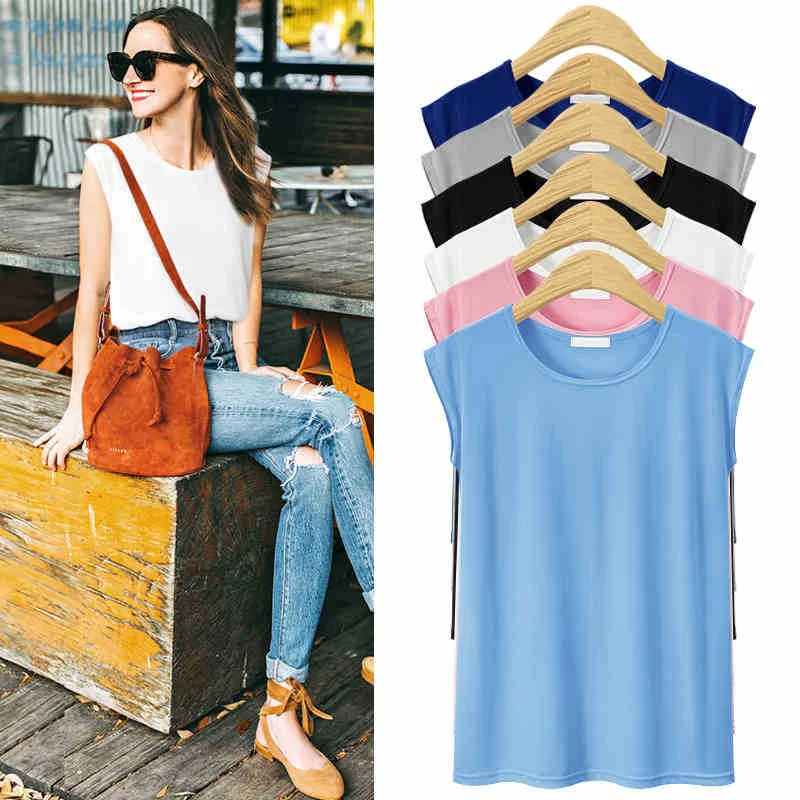 

Summer 200kg casual sleeveless T-shirt women's fat mm loose solid color top large round neck backing T-shirt regular thin