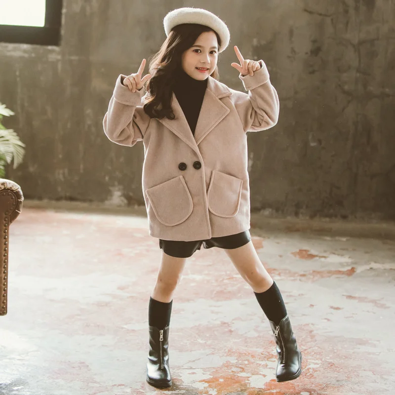 

Детское пальто с карманами для девочек, теплая шерстяная куртка, верхняя одежда, осень-зима 2021