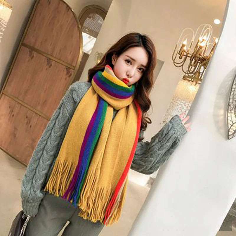 

Шарф из искусственного кашемира Женская длинная куртка студент в Корейском стиле нагрудник с радугой утолщенное теплое зимнее пончо сплош...