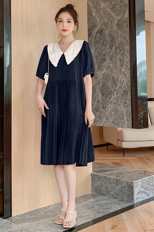 

7021# 2021 Summer Korean Fashion Maternity Dress Sweet Lovely Pleated Loose Clothes for Pregnant Women Chic Pregnancy Dress