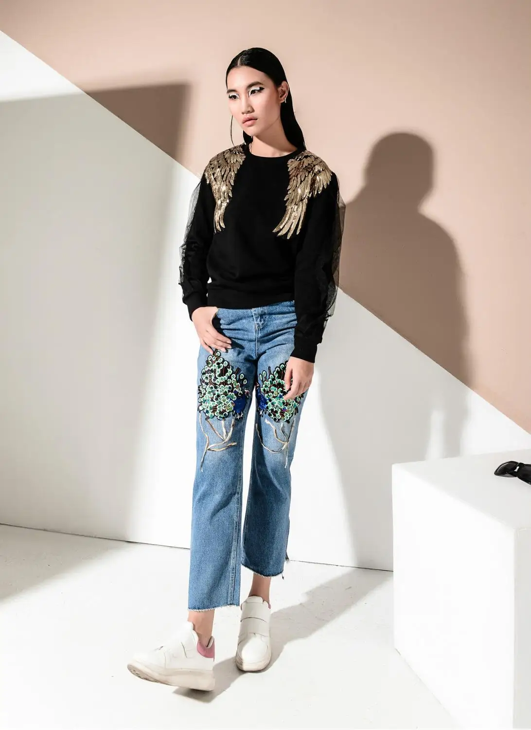 

Angel Wings For Women Sequins Beaded Personality Stitching Layered Mesh Sweater Long Sleeve Fashion New Clothing 2020