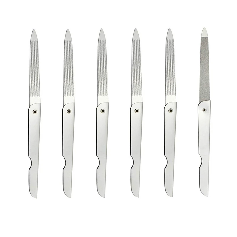 

6 шт складной Пилочки для ногтей двусторонняя Нержавеющая сталь Пилочки для ногтей Портативный инструменты для маникюра (серебро)