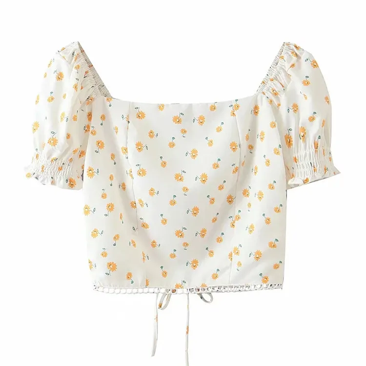 

Summer new women's retro pastoral style small fresh and sweet printed shirt sexy halter top fall tops for women casual