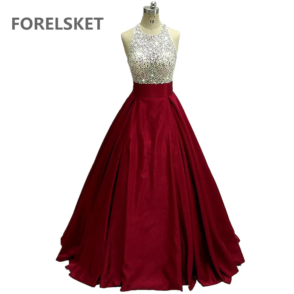 

Satin Backless Prom Dresses Burgundy Sequined 2020 women's Halter Formal Evening Party Gown Crystal Beading Vestido De Formatura