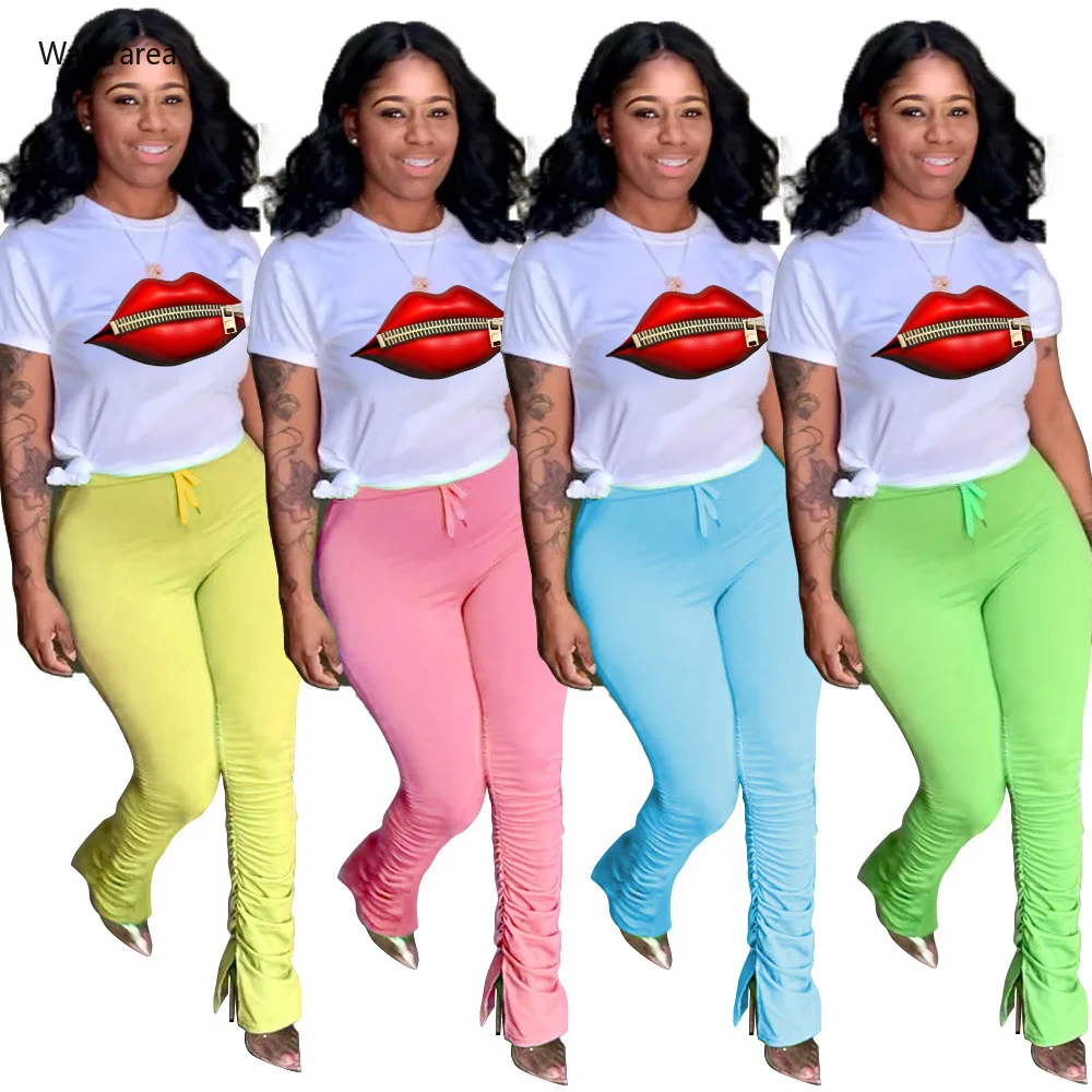 Женский комплект футболка с коротким рукавом и брюки рюшами мультяшным принтом