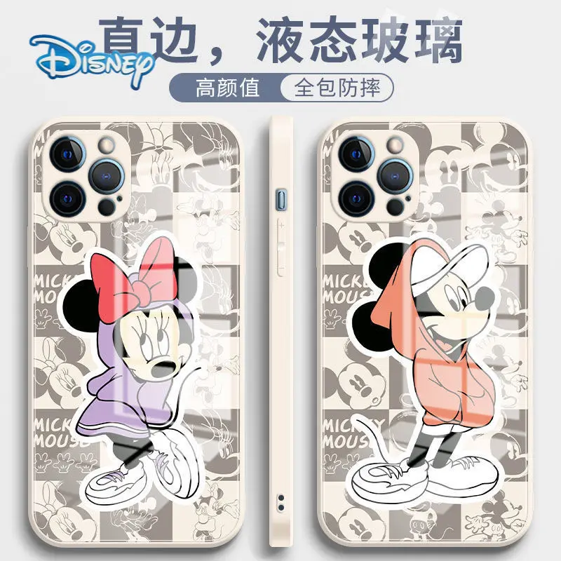 

Disney Mickey Minnie Cartoon Glass Mobile Phone Case for iPhone13 12 11 Pro Max Mini XR XS 7 8 Plus Cute Anti-Fall Phone Covers