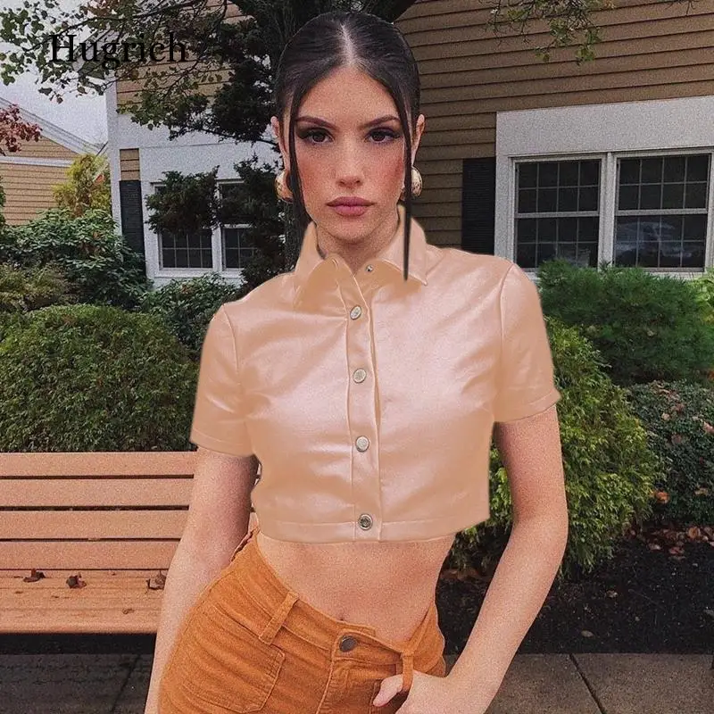 Женская футболка из ПУ кожи с коротким рукавом и пуговицами | одежда