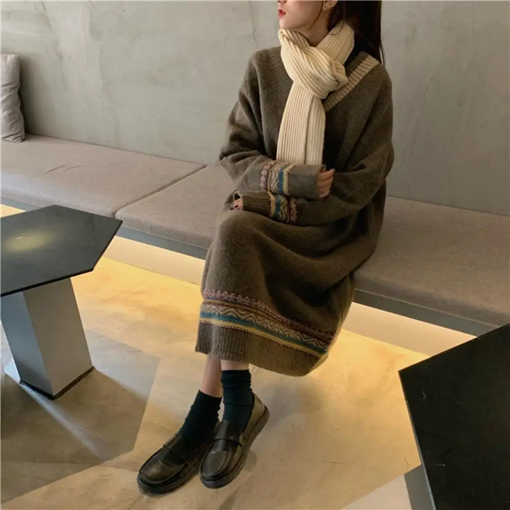 

Korean Style V-neck Long sleeve Loose Plus Size Long Dresses Knit Sweater Women