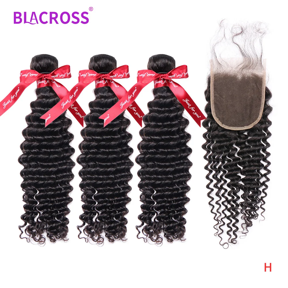 

Волнистые человеческие волосы BLACROSS, пряди с застежкой, 4x4, кружевные пучки с фронтальным бразильским глубоким кудрявым наращиванием волос ...