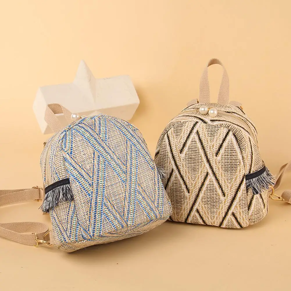 

Straw Woven Small Travel Backpacks Women Stripe Print Shoulder School Bags Casual Knitting Knapsack Rucksack Shoulder Bags
