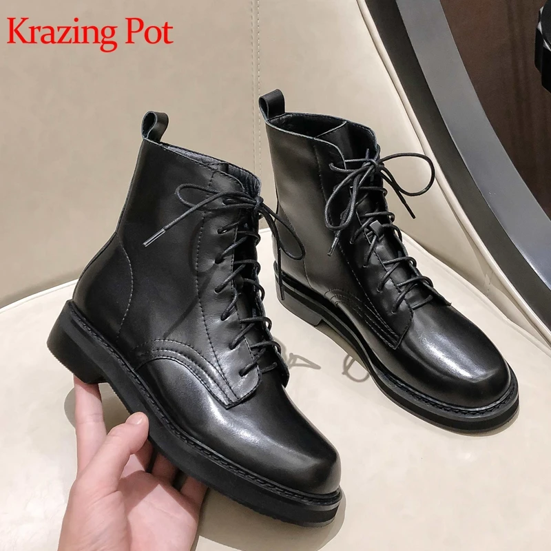 Krazing pot/суперзвезда, натуральная кожа, меньше, более толстый средний каблук, ковбойские сапоги вестерн, круглый носок, шнуровка, Черные ботильоны, l95