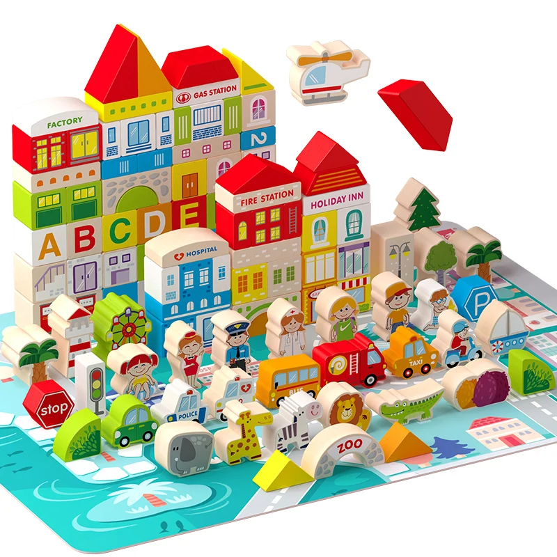 

120 Pieces Baby Toys City Traffic Scenes Geometric Shape Building Blocks Early Educational Wooden Toy For Children Birthday Gift