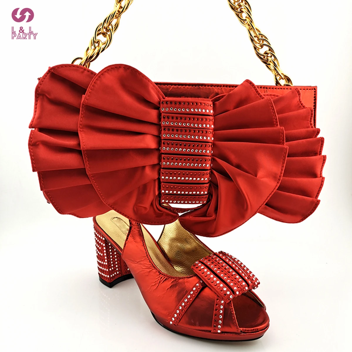 

Red Color Italian Women Party Matching Shoes and Bag Set Retro Style 2021 New Design with Crystal for Royal Party