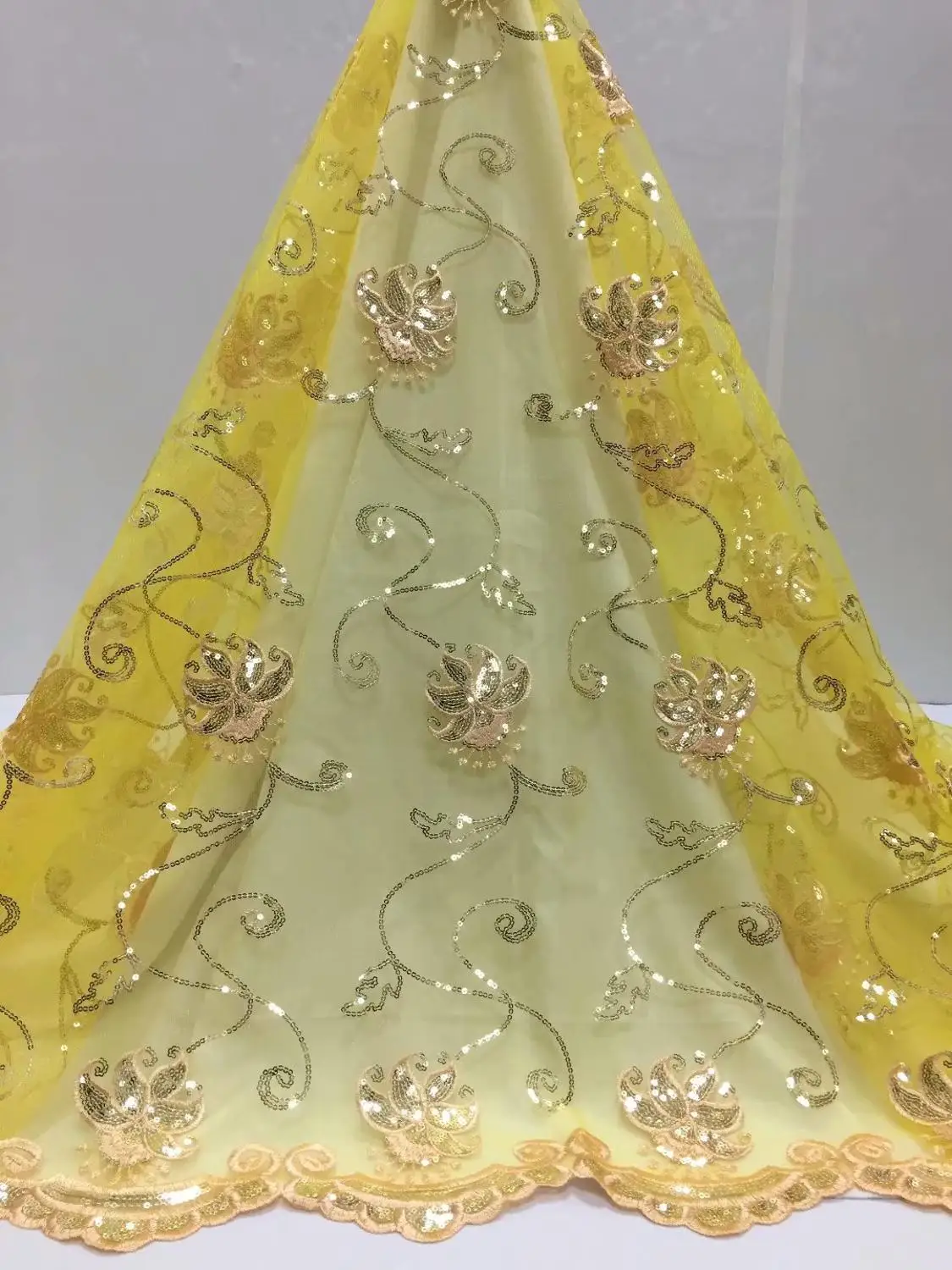 Желтая африканская сетчатая кружевная ткань золотые блестки молочное Шелковое