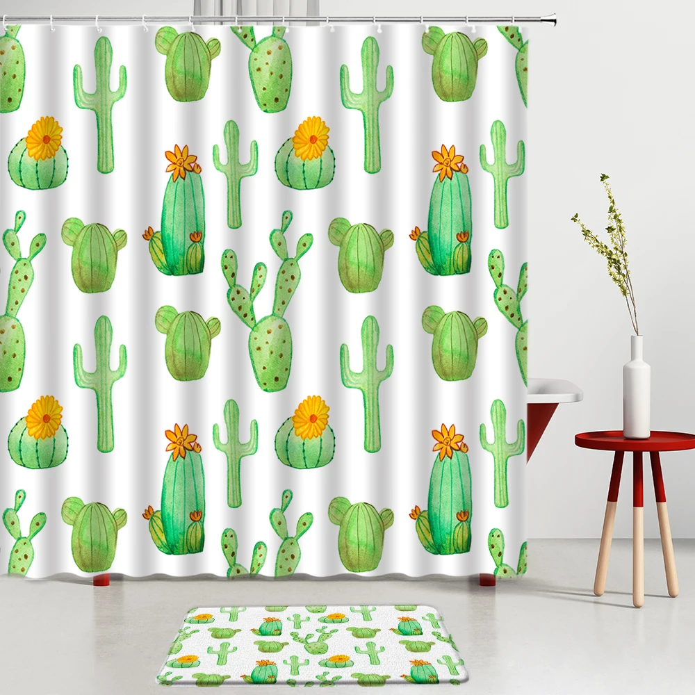 

Tropical Green Plants Cactus Shower Curtains Set Flower Green Pattern Bath Mats Bath Screen Bathroom Rug Room Decoration Carpet