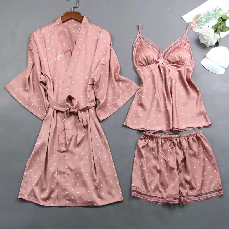 

2020 Women Pajamas 3 Pieces Satin Sleepwear Pijama with Chest Pads Spaghetti Strap Lace Silk Sleep Lounge Nightwear Pyjama