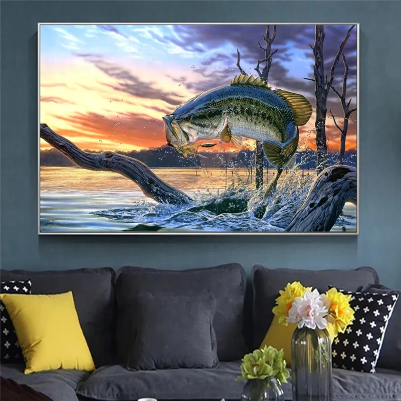 

Jumping Largemouth Bass Fish Canvas Oil Painting On Wall Art Poster And Prints Lake Animal Picture Modern Home Decoration
