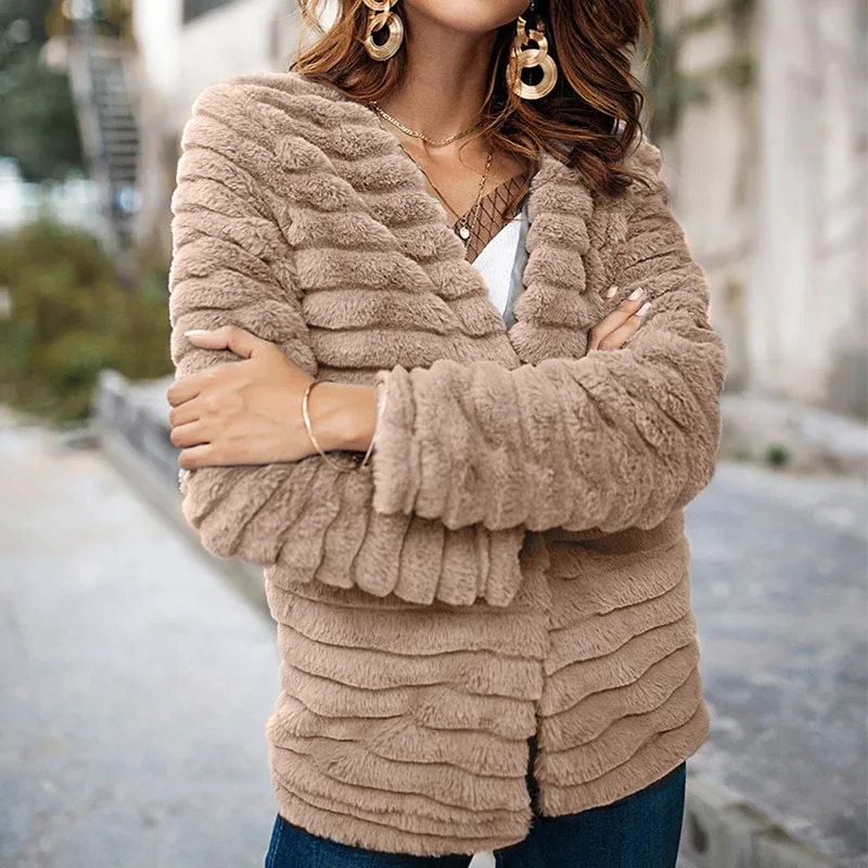 Women Winter Coat Slim Cardigans Faux Furry Jackets Striped Rabbit Fashion Full Sleeve Thick Warm Fur Jacket | Женская одежда