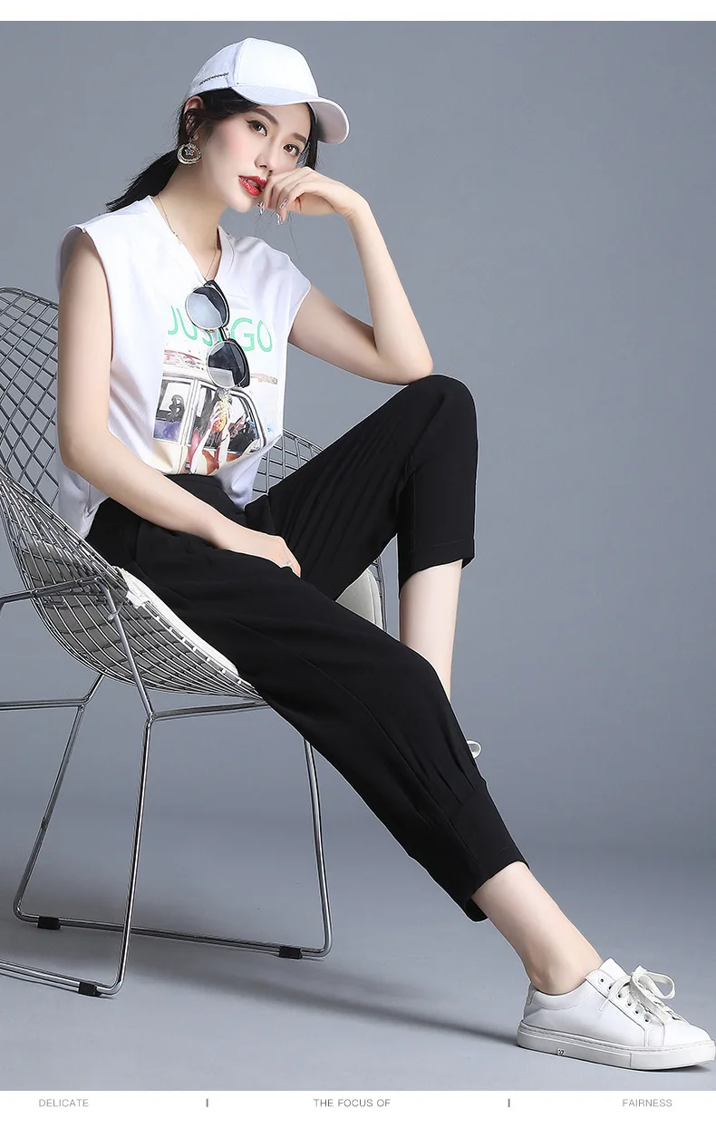 

Summer Women Elastic High Waist Loose Casual Black Calf-Length Pants Female Fashion Plus Size Elegant Harem Trouser 9101