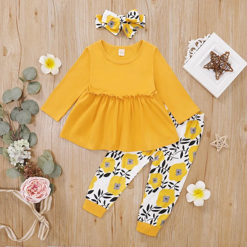 

Newborn Kids Baby Girls Clothes Set Cotton Long Sleeve Floral Dress Pant Headband 3PCS Outfits Set Clothes
