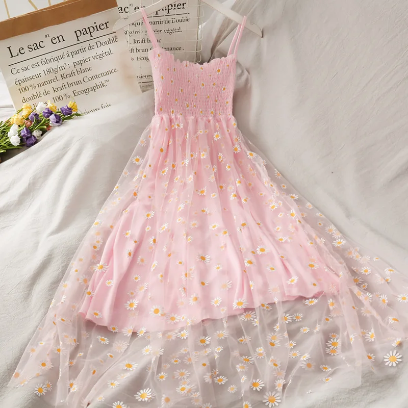 

2021 new daisy mesh sling dress female pleated waist retro long skirt summer dresses for women korean dress Cute dresses women