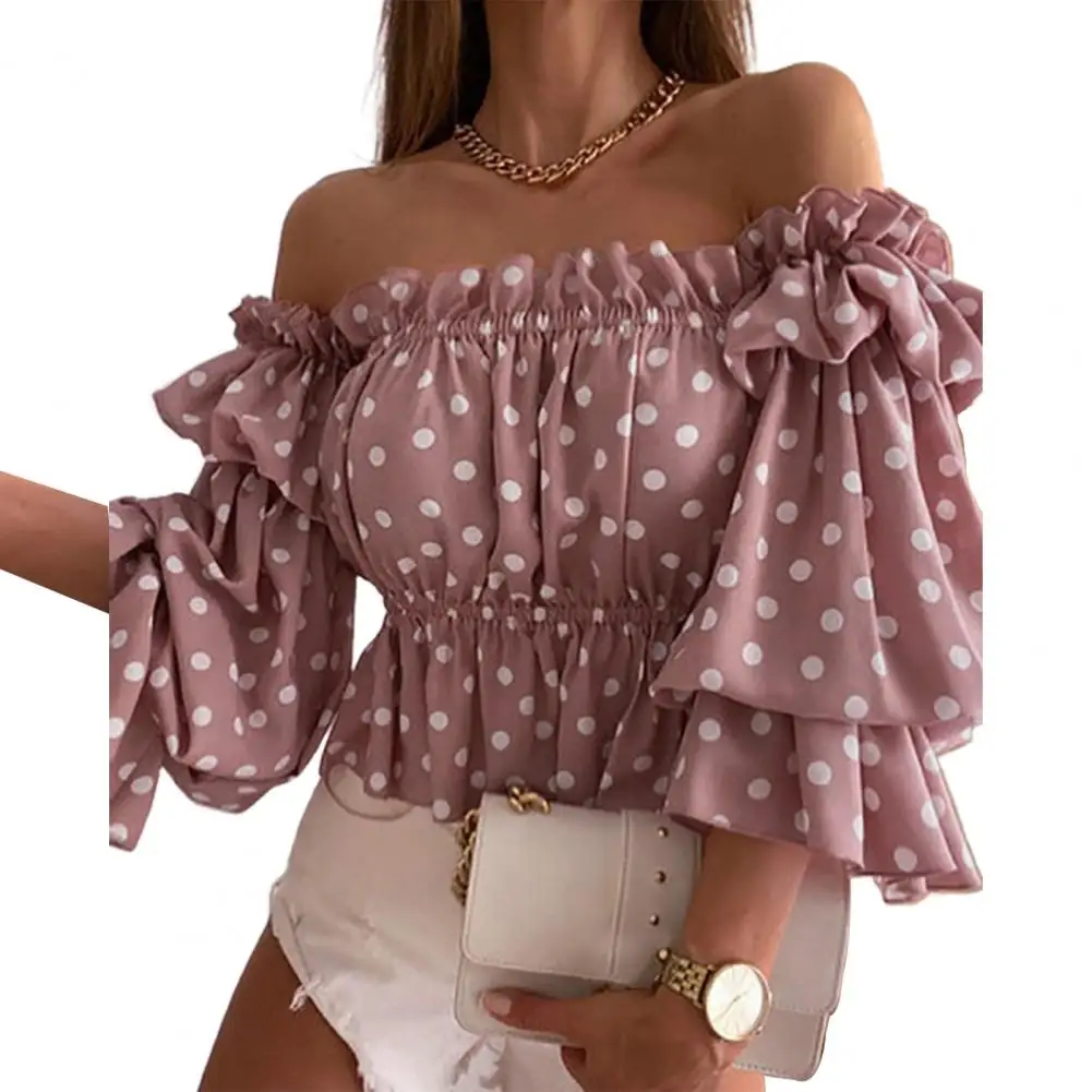 

2021 Sweet Women Summer Top Off Shoulder Multi-layer Colorful Pleated Long Sleeve Loose Hem Ladies Flare Sleeve Shirt
