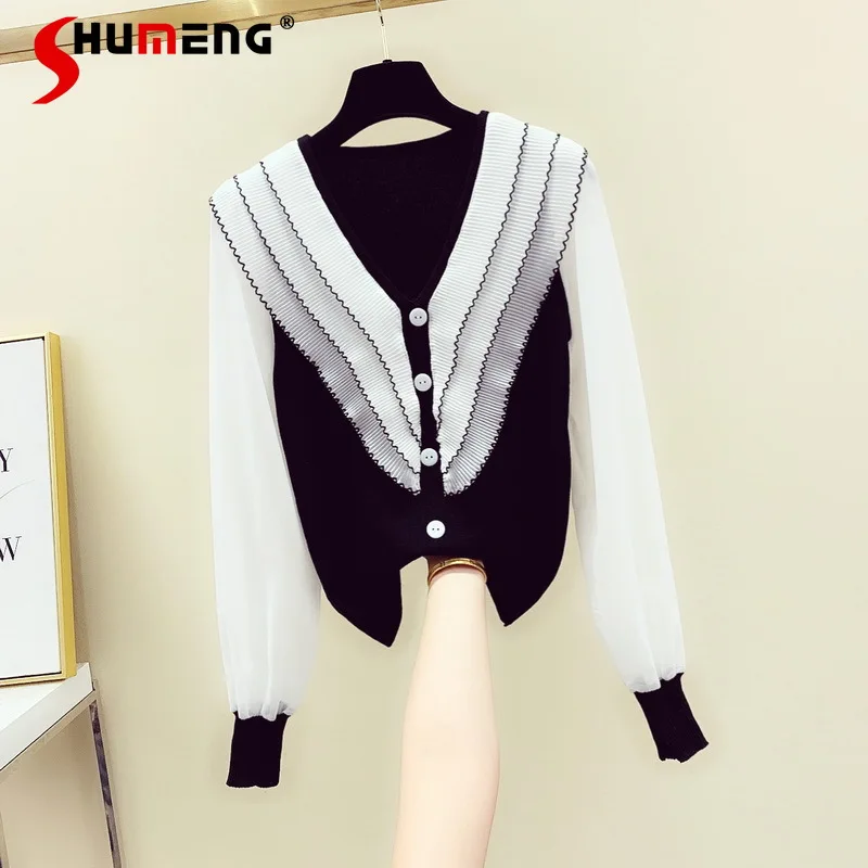 

Chic Sweet V-neck Patchwork Pullover Knitwear Top Women 2021 Spring New Loose Contrast Color Pleated Long Sleeve Knitted Outwear