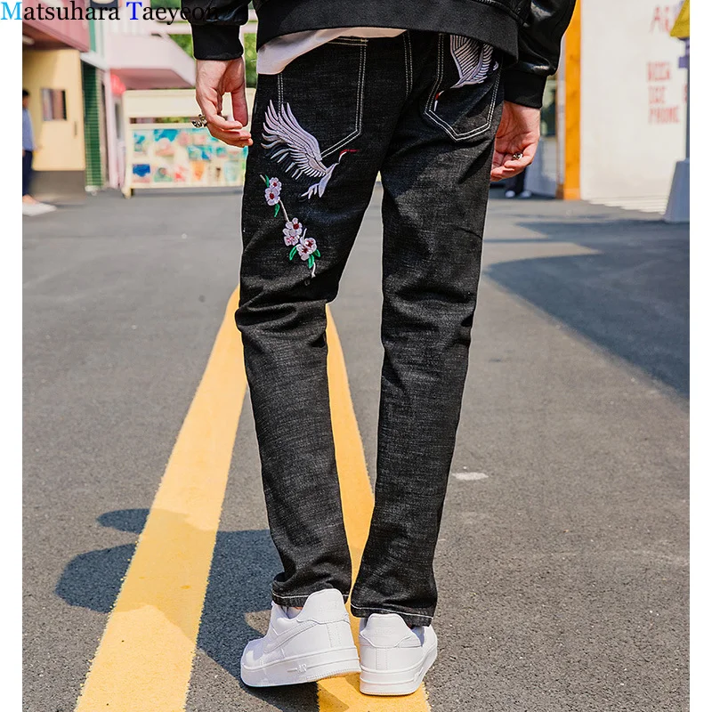 Байкерские джинсы с вышивкой Журавля мужские брендовые модные дизайнерские
