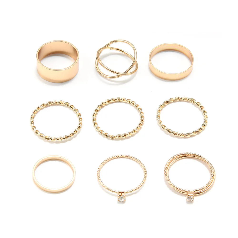

New Fashion Simple Style Rhinestone Rings Set Golden 9Pcs Knuckle Finger Jewelry Decoration for Women Men Birthday Anniversary