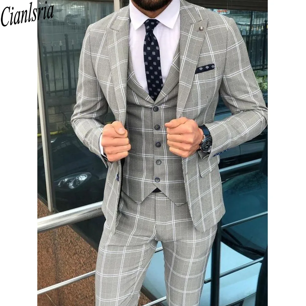 

Men 3 Pieces Suit Spring Autumn Plaid Slim Fit Business Formal Casual Check Suits Office Work Party Prom Wedding Groom