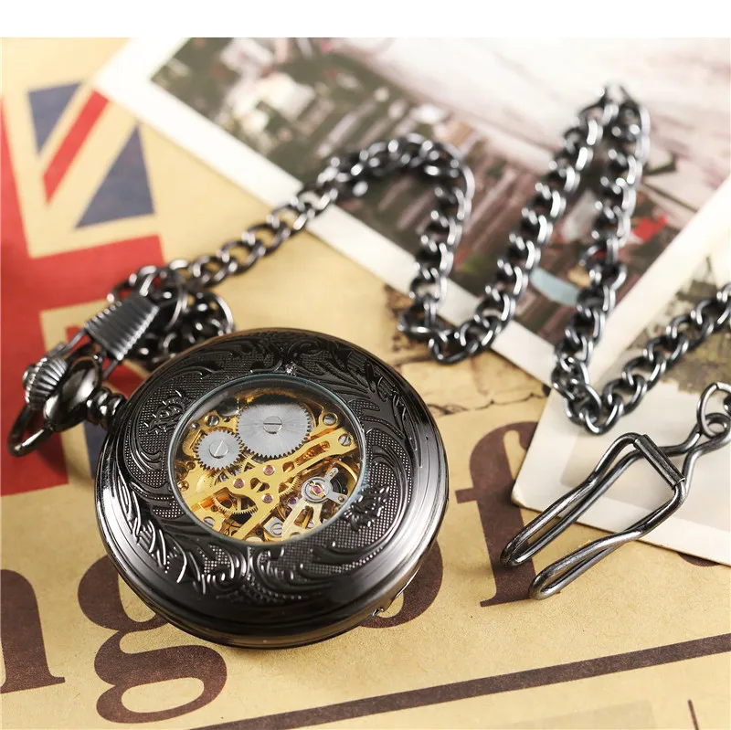 Mechanical Hand-winding Pocket Watch Men Flip Black Hollow Case Fob Chain Necklace Clock Mens Watch Gift Box reloj de bolsillo