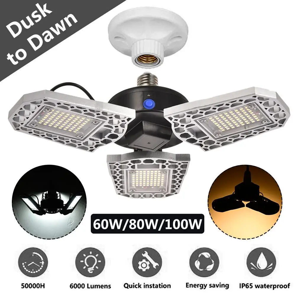 

Super Bright Aluminum LED Garage Lights E27 60W 80W 100W IP65 Deformable LED Garage Ceiling Light for Parking Workshop Warehouse