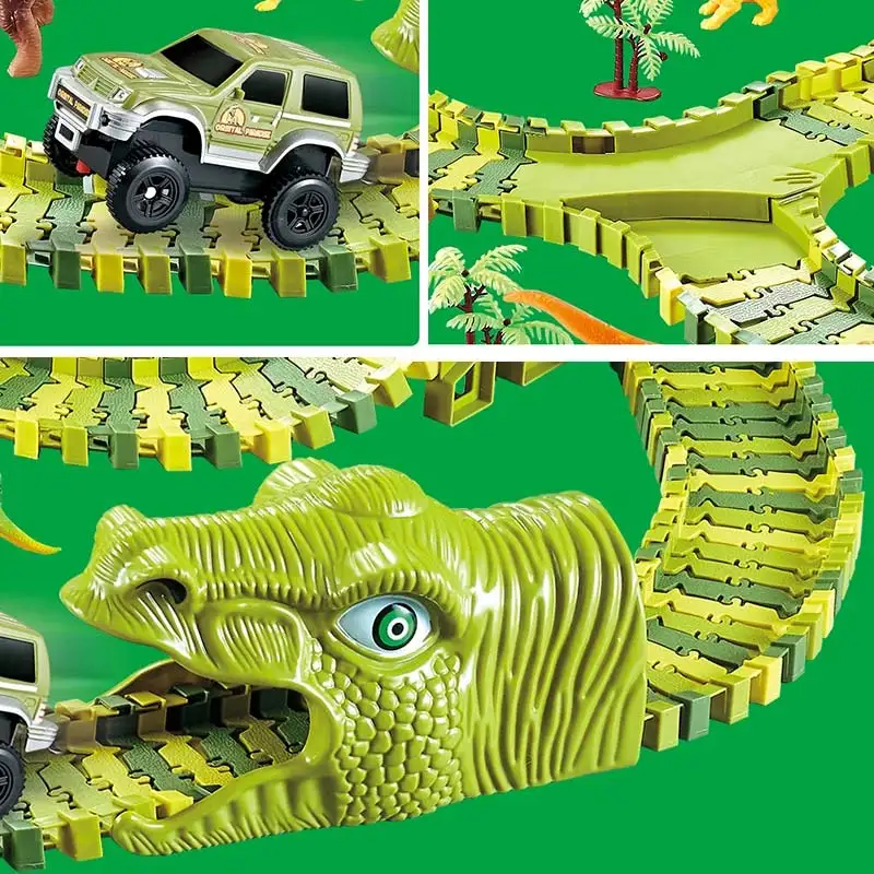

Dinosaur Railway Toy Car Track Racing Track Toy Set Educational Bend Flexible Race Track Flash Light Car Toys For Children Boys