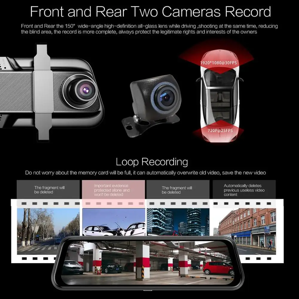 T12+ 9,66 дюймовый сенсорный экран DVR Автомобильная камера с двумя объективами видеорегистратор с режимом ночной съемки