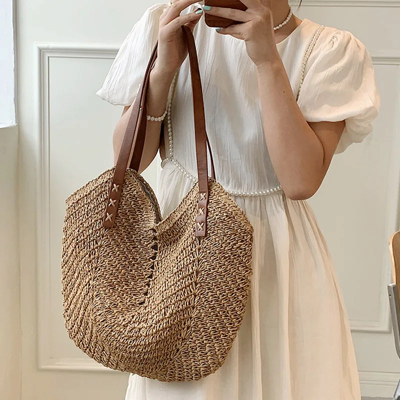 New Summer Fashion Hand-Woven Women's Shoulder Bags Large Capacity Straw Beach Totes Bag Female Travel Weaving Shopping Handbags