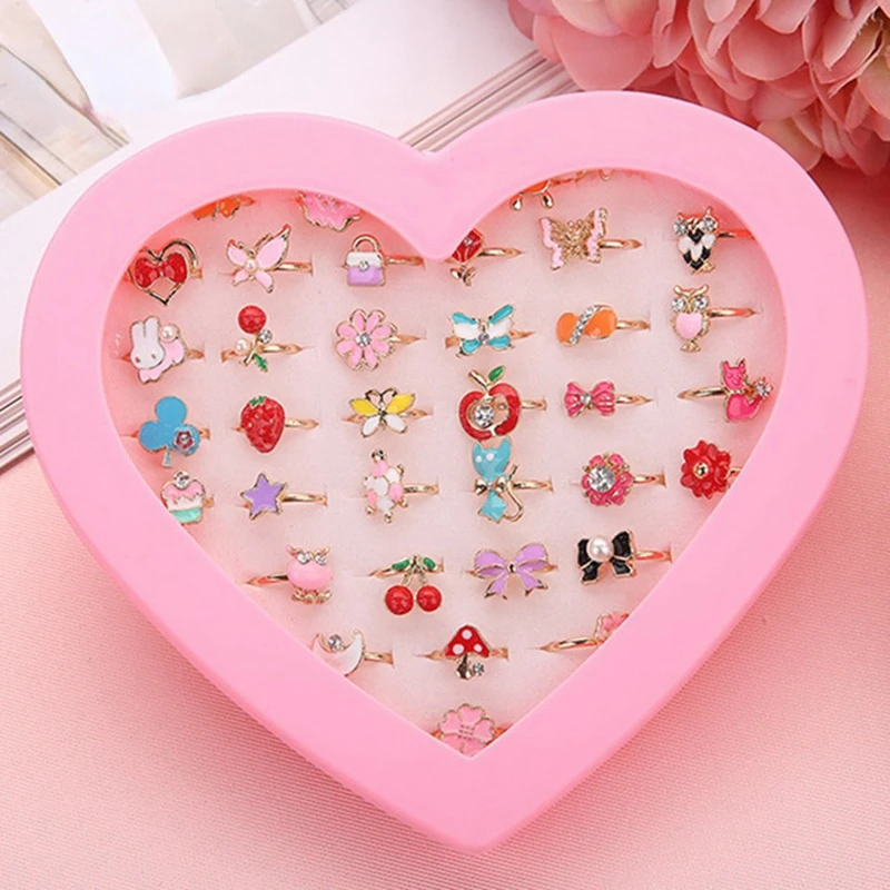 

Cute Adjustable Rings Children Girls Pretend Play Makeup Toys 10/20/36 Pcs Cartoon Crystal Jewelry Alloy Animal Enamel Ring