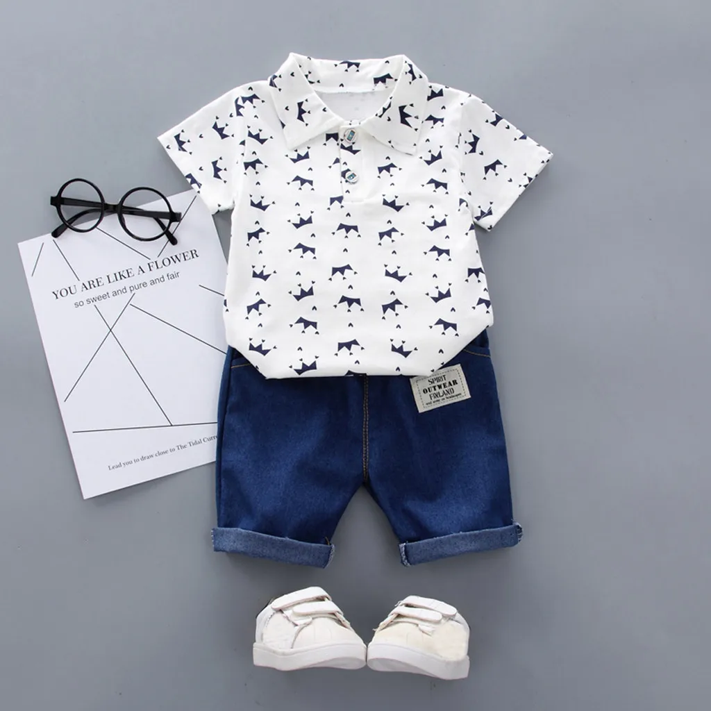 

Baby Boy Clothing Set Summer Newborn Clothes Toddler Kids Baby Boy Short Sleeve Crown Pattern Shirt Tops+ Denim Pants Set