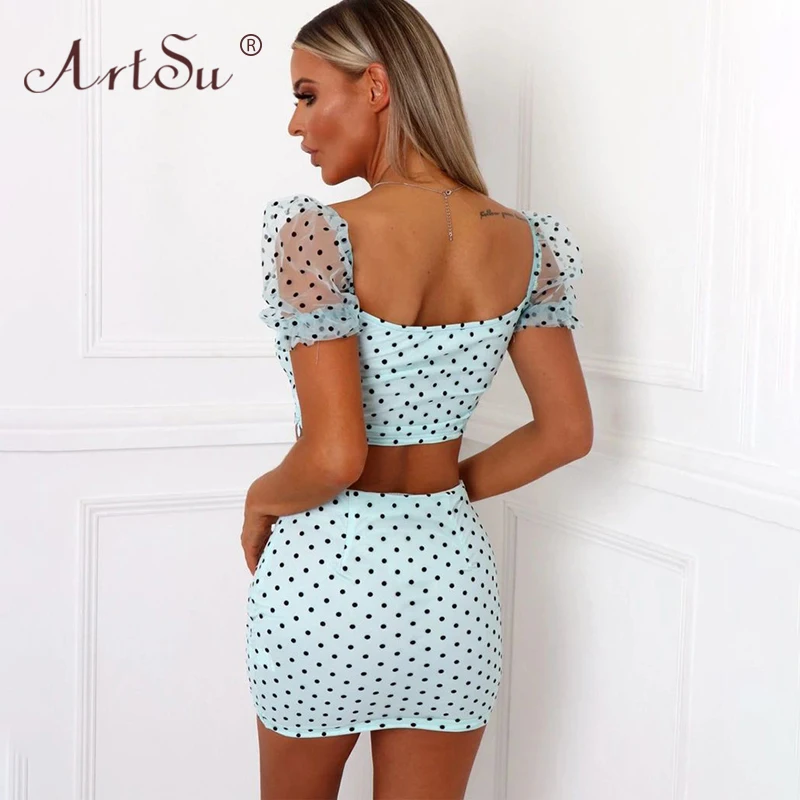 Женский сетчатый топ в горошек ArtSu элегантный голубой и розовый облегающий мини