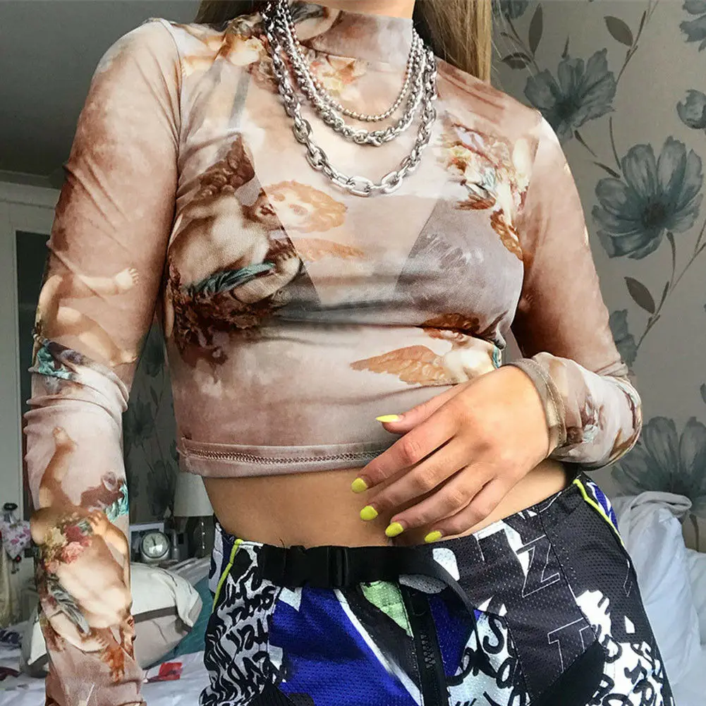 2019 New Arrival Women Girls Sexy Mesh Sheer Crop Top Long Sleeve Print Bodycon Cupid Transparent T-Shirt Tee Tops | Женская одежда